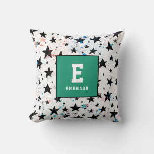 modern hand drawn fun space and stars monochrome cushion