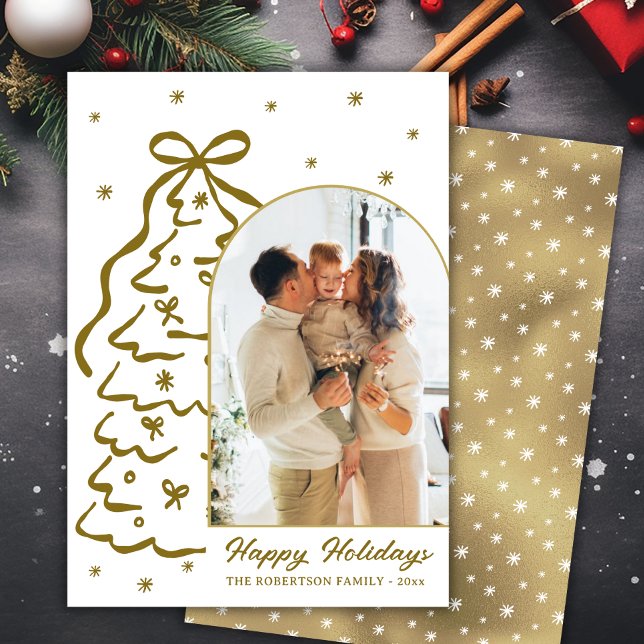 Modern Hand-Drawn Gold Christmas Tree Arch Photo Holiday Card (Creator Uploaded)