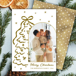 Modern Hand-Drawn Gold Christmas Tree Arch Photo Holiday Card