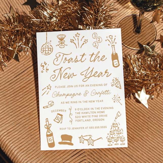 Modern Hand Drawn Gold Doodle New Year’s Eve Party Invitation (Creator Uploaded)