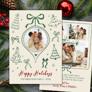 Modern Hand-Drawn Green Bows Photo Christmas Happy Holiday Card