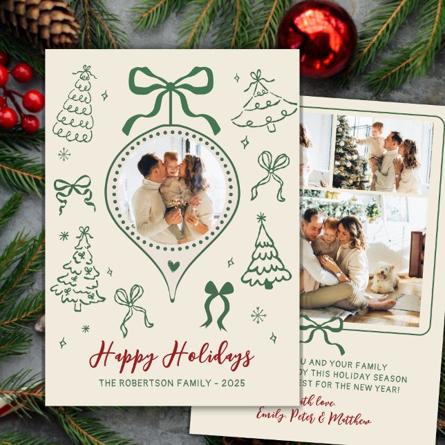 Modern Hand-Drawn Green Bows Photo Christmas Happy Holiday Card (Creator Uploaded)