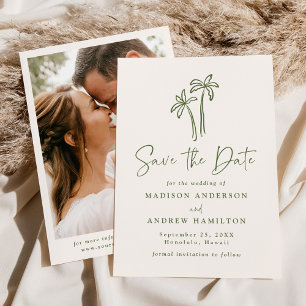 Modern Hand-Drawn Palm Tree Cream Photo Wedding Save The Date
