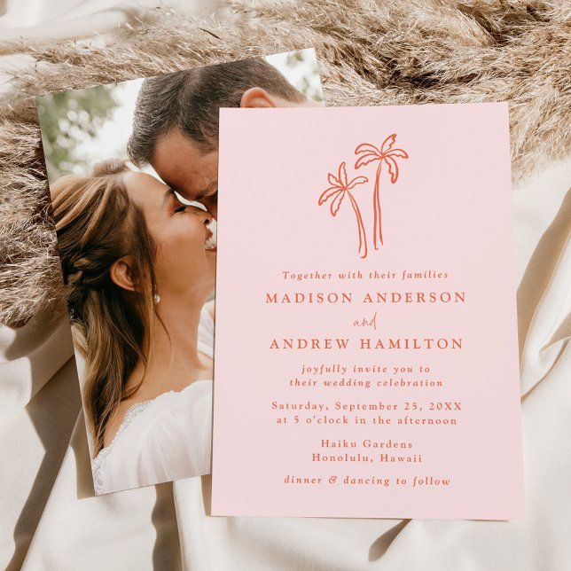 Modern Hand-Drawn Palm Trees Pink Photo Wedding Invitation (Creator Uploaded)