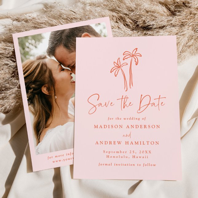 Modern Hand-Drawn Palm Trees Pink Photo Wedding Save The Date (Creator Uploaded)