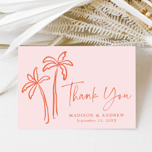 Modern Hand-Drawn Palm Trees Pink Wedding Thank You Card