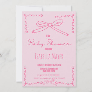 Modern Hand Drawn Pink Bow Baby Shower Invitation