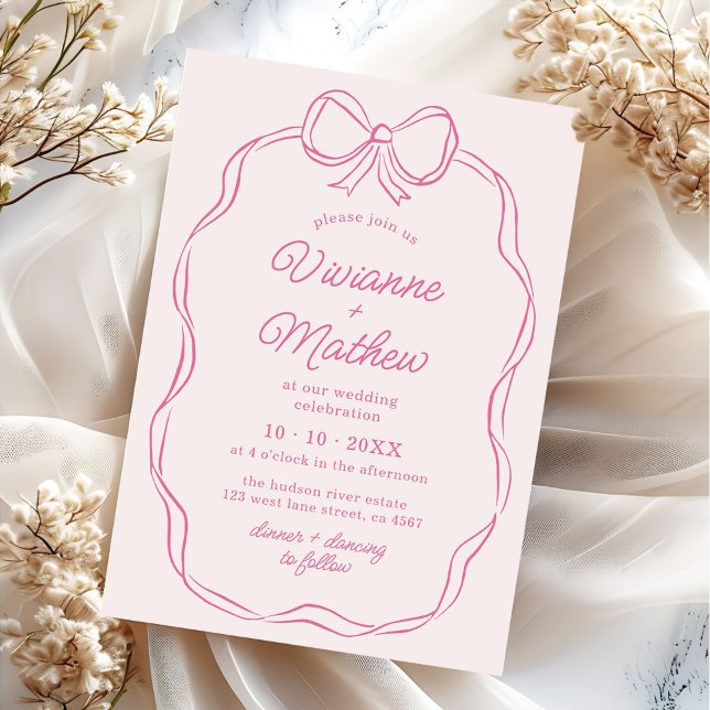 Modern Hand Drawn Pink Bow Wedding Invitation (Creator Uploaded)