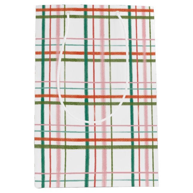 Modern Hand Drawn Pink, Red, Green Plaid Medium Gift Bag (Front)