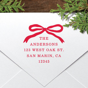 Modern Hand-Drawn Red Bow Christmas Return Address Self-inking Stamp