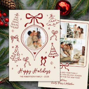 Modern Hand-Drawn Red Bows Photo Christmas Happy  Holiday Card