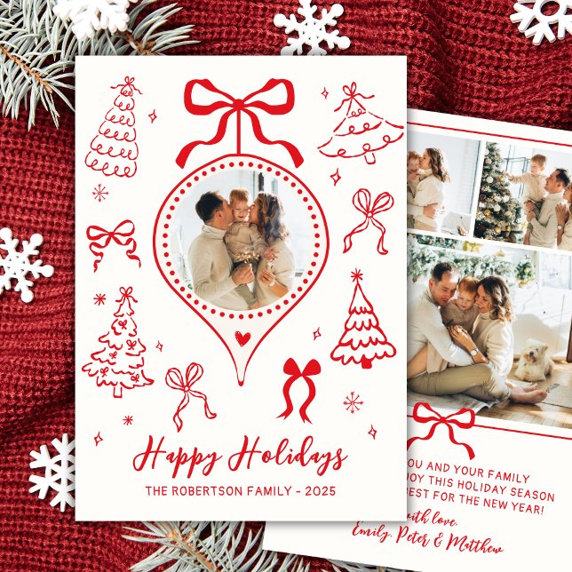Modern Hand-Drawn Red Bows Photo Christmas Happy Holiday Card (Creator Uploaded)