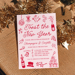 Modern Hand Drawn Red Doodle New Year’s Eve Party Invitation