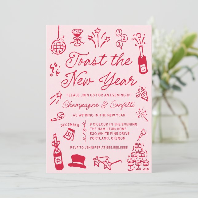 Modern Hand Drawn Red Doodle New Year’s Eve Party Invitation (Standing Front)