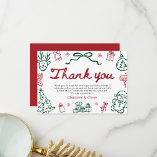 Modern Hand Drawn Red Green Winter Christmas Thank You Card