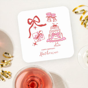 Modern Hand Drawn Red Pink Birthday Doodles Party Square Paper Coaster