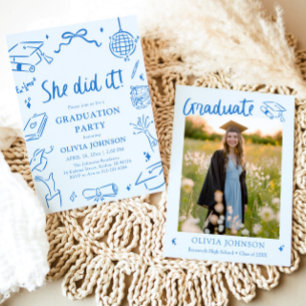 Modern Hand Drawn She did it Blue Graduation Party Invitation