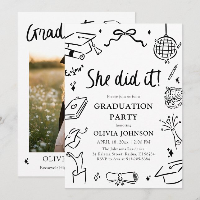 Modern Hand Drawn She did it Graduation Party Invitation (Front/Back)