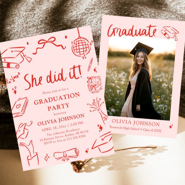 Modern Hand Drawn She did it Graduation Party Invitation (Modern Hand Drawn She did it Graduation Party Invitation)
