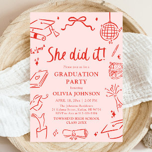 Modern Hand Drawn She did it Graduation Party Invitation