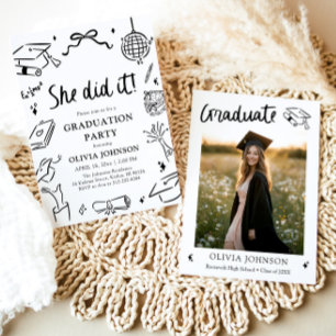 Modern Hand Drawn She did it Graduation Party Invitation