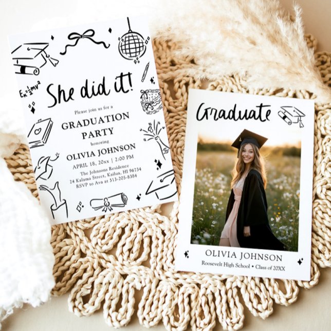 Modern Hand Drawn She did it Graduation Party Invitation (Modern Hand Drawn She did it Graduation Party Invitation)