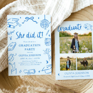 Modern Hand Drawn She did it Graduation Party Invitation