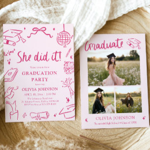 Modern Hand Drawn She did it Pink Graduation Party Invitation