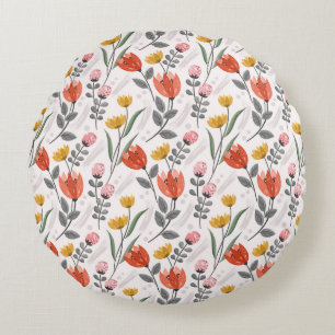 Modern Hand Drawn Tulips Round Pillow
