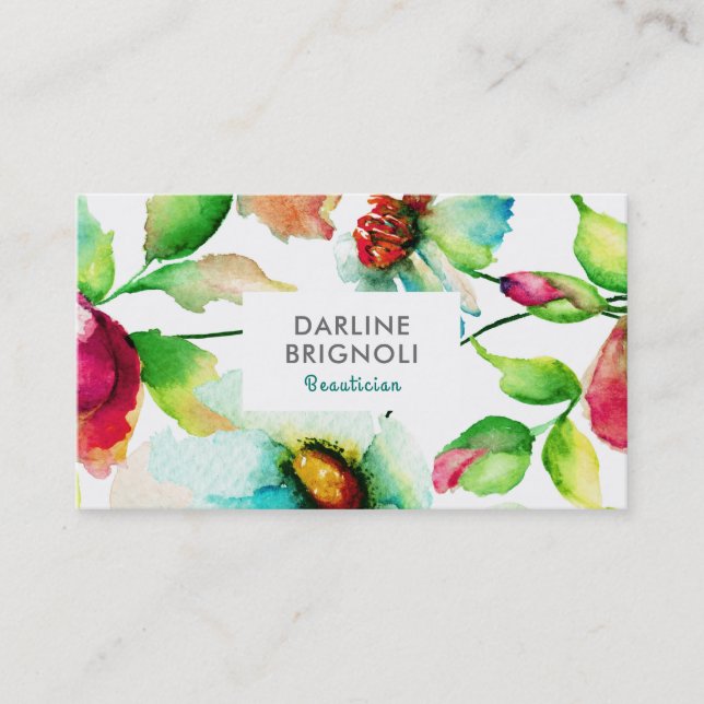 Modern Hand Drawn Watercolors Flowers Business Card (Front)