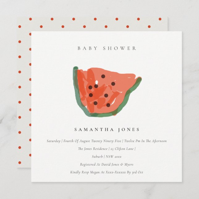 Modern Hand Drawn Watermelon Fruit Baby Shower  Invitation (Front/Back)