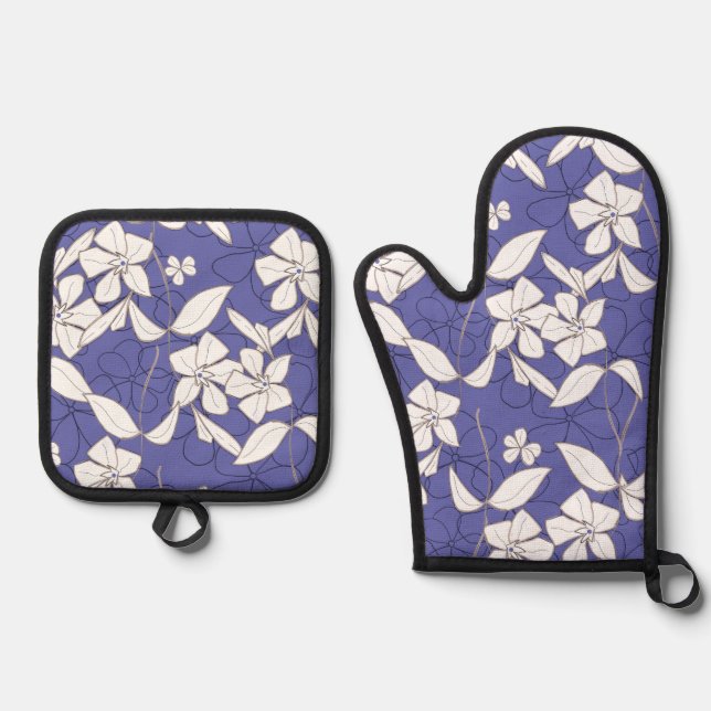 Modern hand-drawn white flowers on a periwinkle oven mitt & pot holder set (Front)