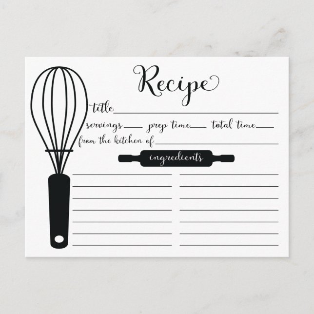 Modern Hand Lettered Black Whisk Recipe Card (Front)