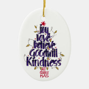 Modern Hand Lettered Blue Christmas Tree Ceramic Tree Decoration