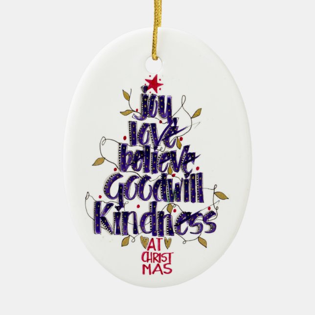 Modern Hand Lettered Blue  Christmas Tree Ceramic Tree Decoration (Front)