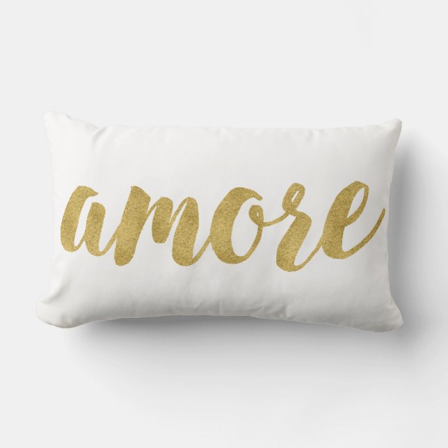 Modern Hand Lettered Gold Italian Amore Decorative Lumbar Cushion (Front)