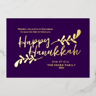 Modern Hand Lettered Happy 3 Photo Hanukkah Foil Holiday Card