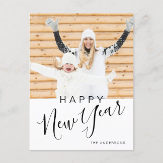 Modern Hand Lettered Happy New Year Photo Holiday Postcard
