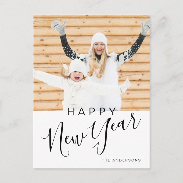 Modern Hand Lettered Happy New Year Photo Holiday Postcard (Front)
