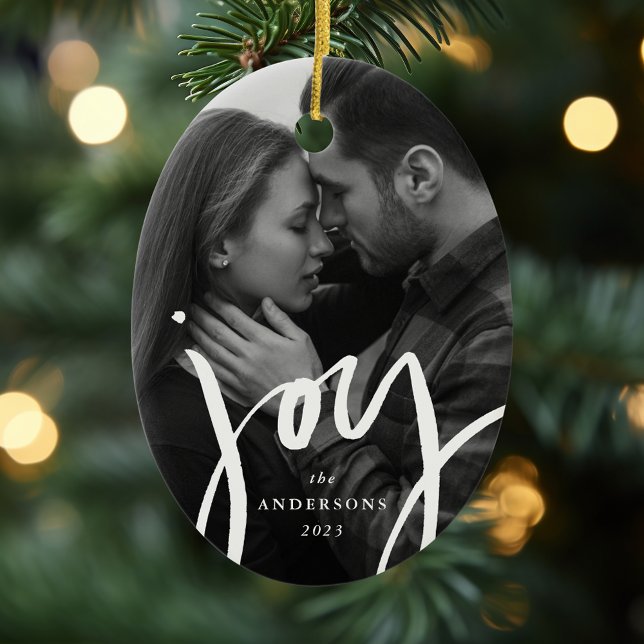 Modern Hand-Lettered Joy Photo Holiday Ceramic Tree Decoration (Creator Uploaded)