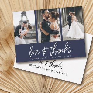 Modern Hand-Lettered Photo Collage Navy Blue Thank You Card