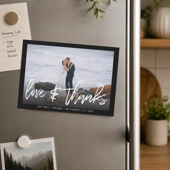 Modern Hand Lettered Photo Love & Thanks Wedding (Express your sincere gratitude with sophisticated, contemporary style thank you magnet.)