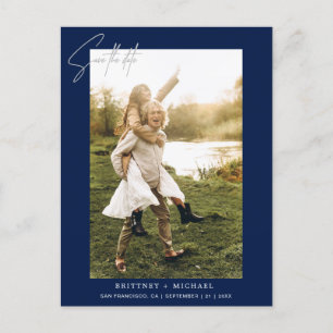 Modern Hand-Lettered Photo Save the Date Navy Announcement Postcard