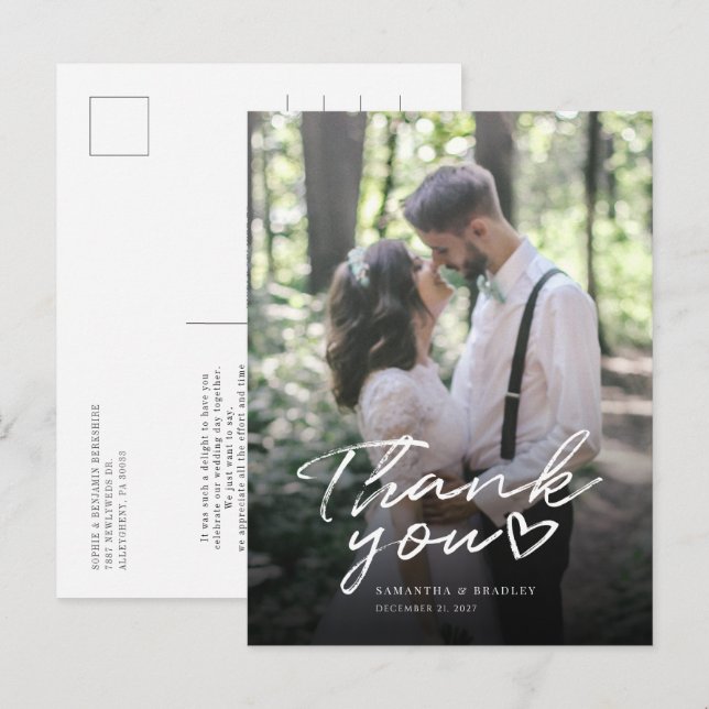 Modern Hand-Lettered Photo Wedding Thank You Postcard (Front/Back)