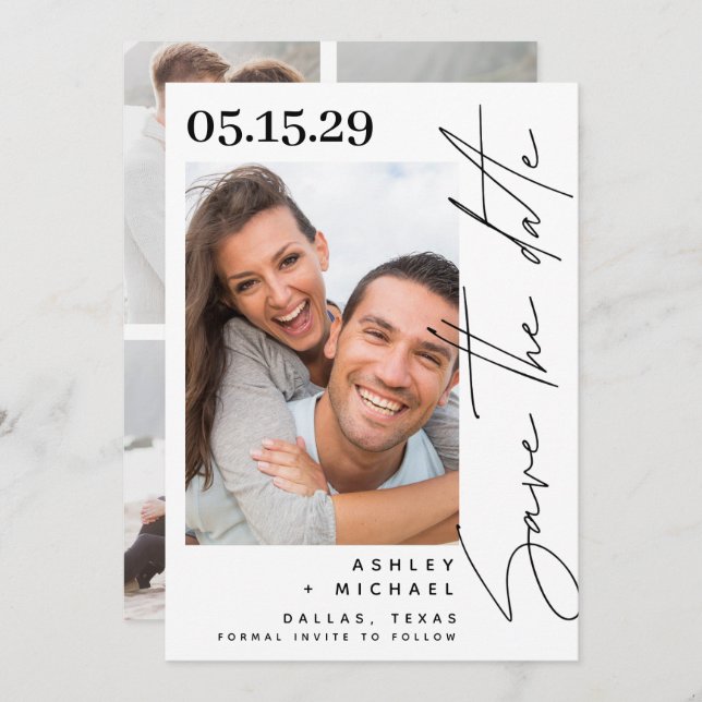 Modern Hand Lettered Script Typography 5 Photo Save The Date (Front/Back)