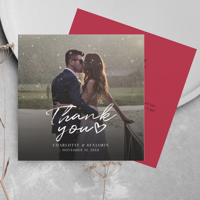 Modern Hand-Lettered Wedding Photo Thank You Card (Wedding Thank You Couples Photo Square Card)