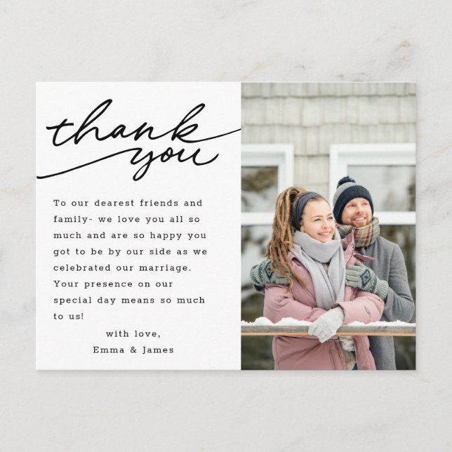 Modern Hand Lettering Photo Wedding Thank You Postcard (Front)