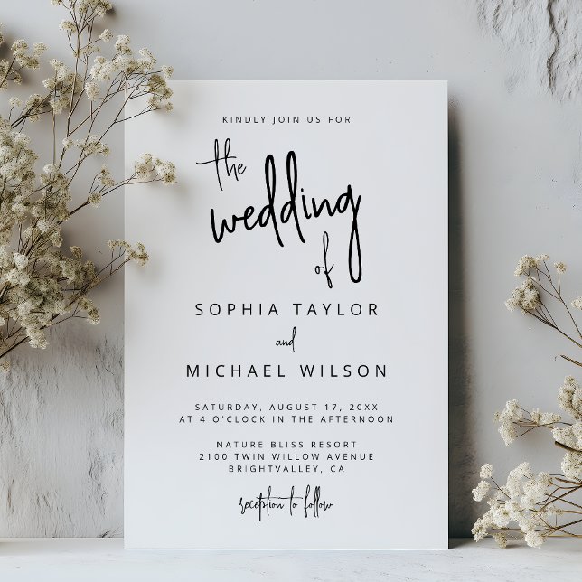Modern Hand Lettering Script Black White Wedding Invitation (Creator Uploaded)
