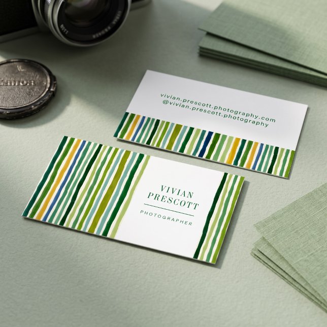 Modern Hand Painted Stripe Design Business Card (Simulated business cards on table)
