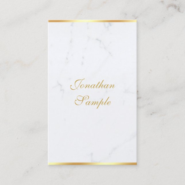 Modern Hand Script Chic Template White Marble Gold Business Card (Front)